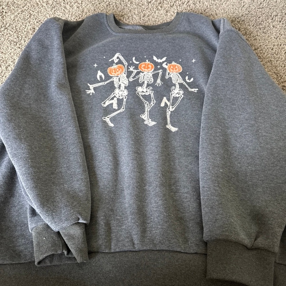 Gray Sweatshirt with Skeleton Pumpkin Design